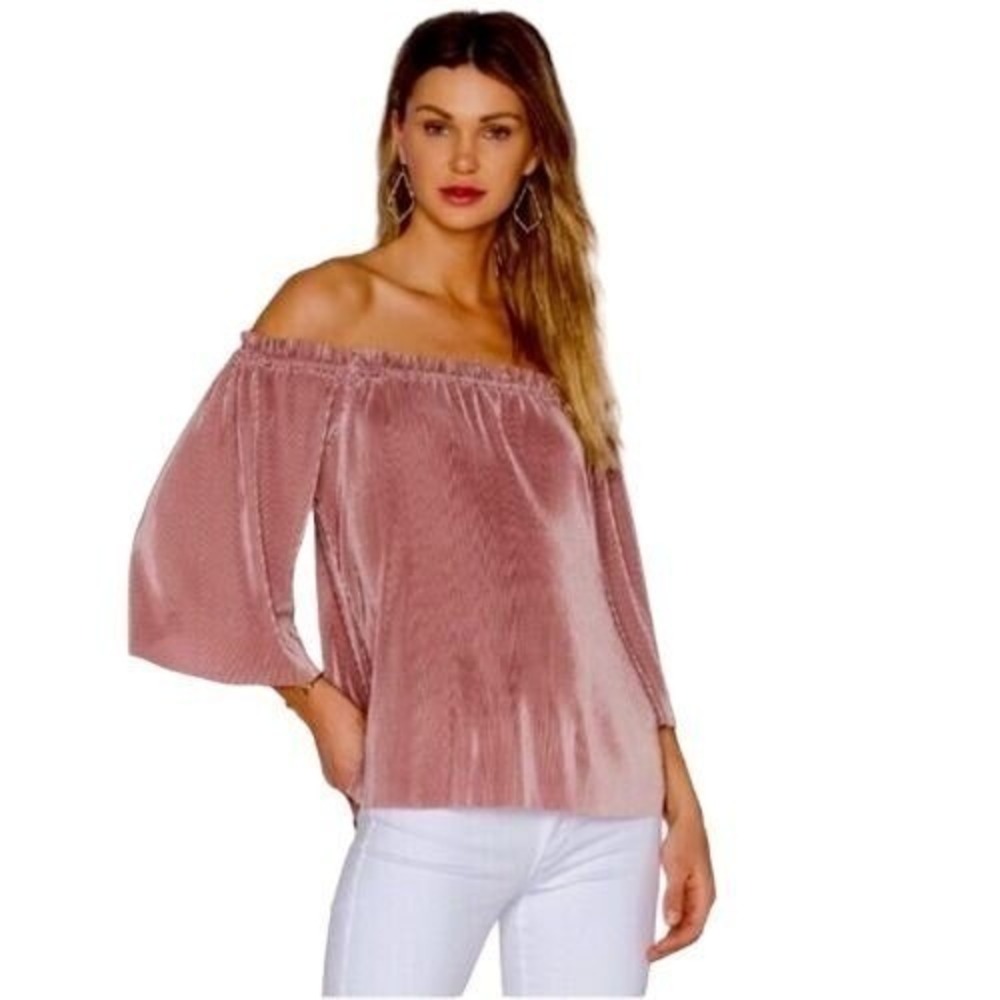 J.O.A. Women Coquette Balletcore Off the Shoulder Top S Pink Pleated Velvet Bell